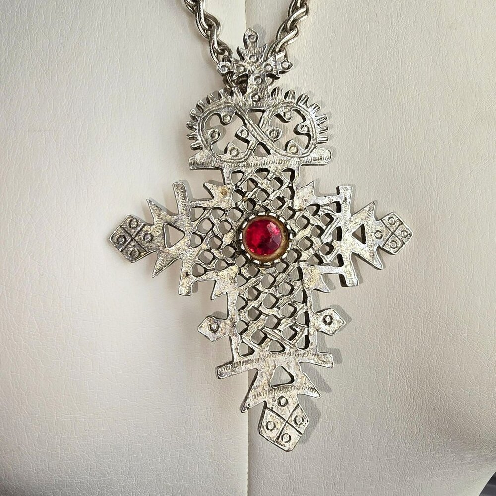 Vintage Silver Chain Necklace Ornate Cross Pendant & Red Stone Centerpiece HS228